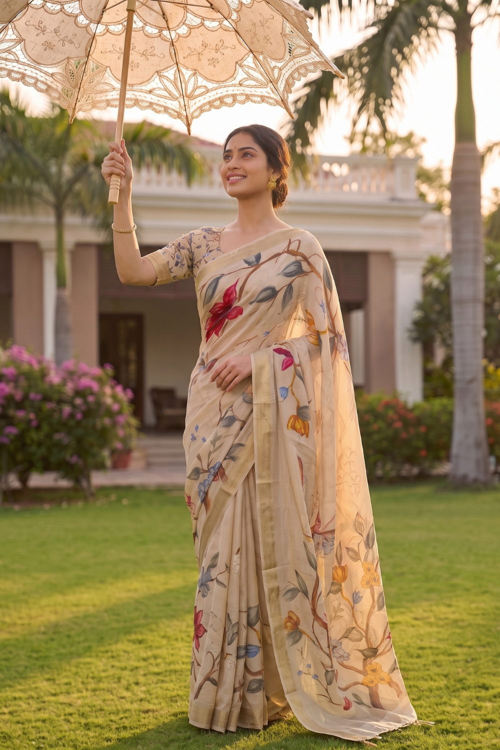 Tusser Chinon Floral Printed Saree - Mood