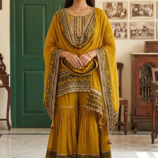 Golden Mehfil Mehndi Crepe Readymade Sharara Set - hero