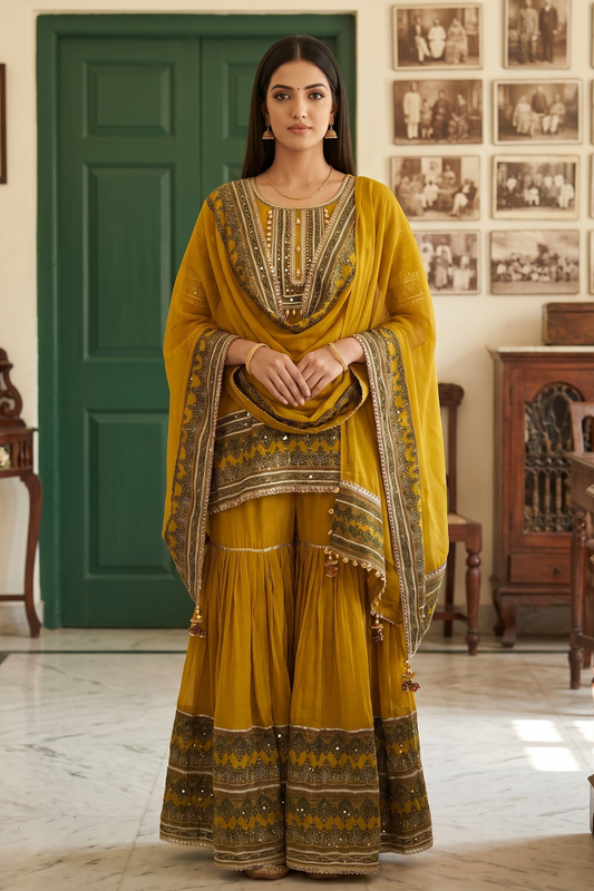 Golden Mehfil Mehndi Crepe Readymade Sharara Set - hero