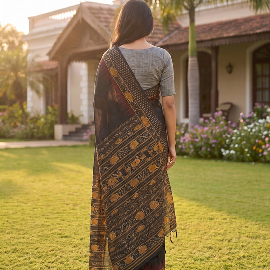 Black Maroon Cotton Zari Saree - Back