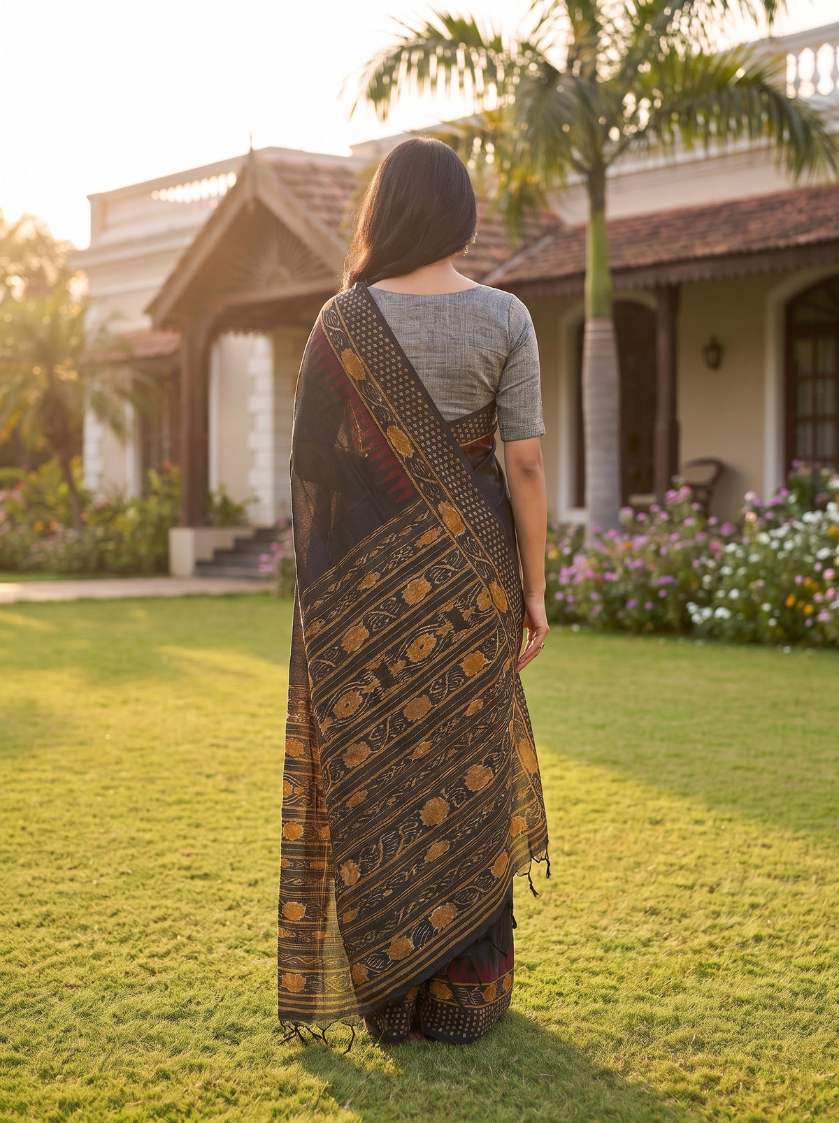 Black Maroon Cotton Zari Saree - Back