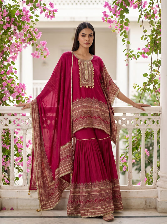 Regal Glow Gajari Crepe Readymade Sharara Set With Dupatta - mood