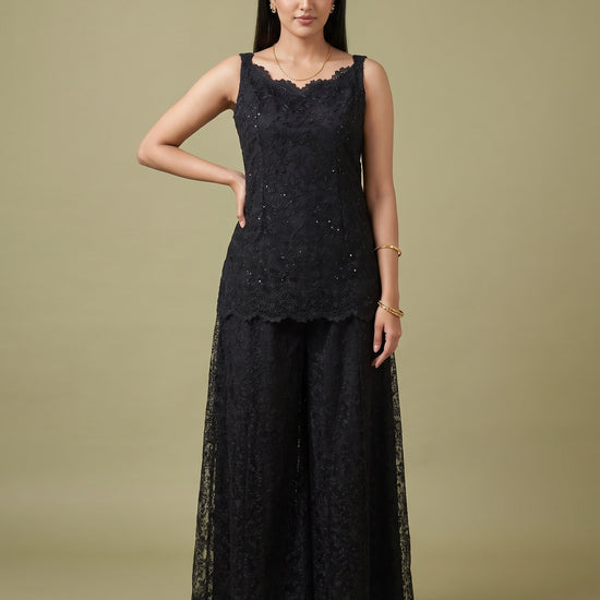 Noir Lace Black Net Readymade Suit And Palazzo With Net Dupatta - mood