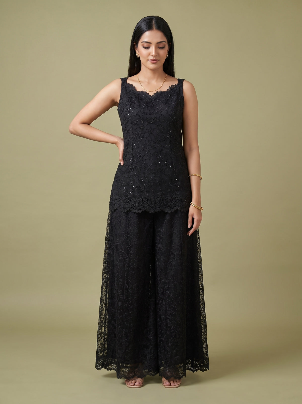 Noir Lace Black Net Readymade Suit And Palazzo With Net Dupatta - mood