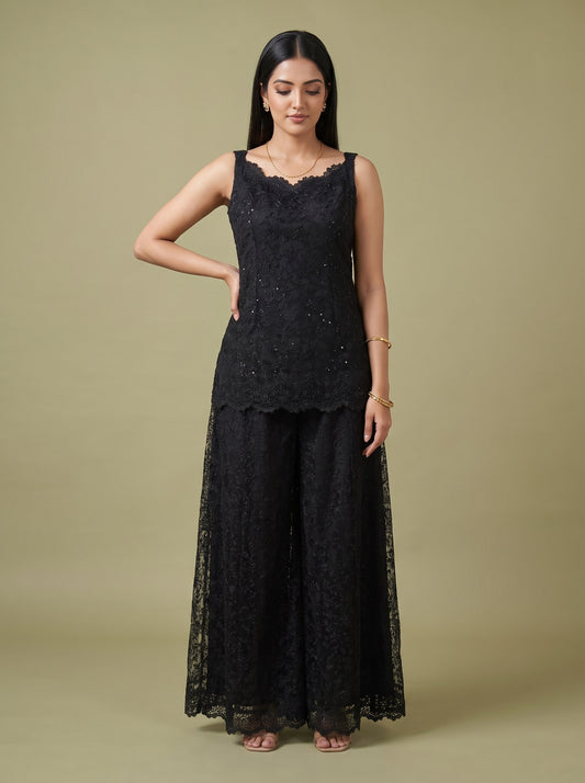 Noir Lace Black Net Readymade Suit And Palazzo With Net Dupatta - mood