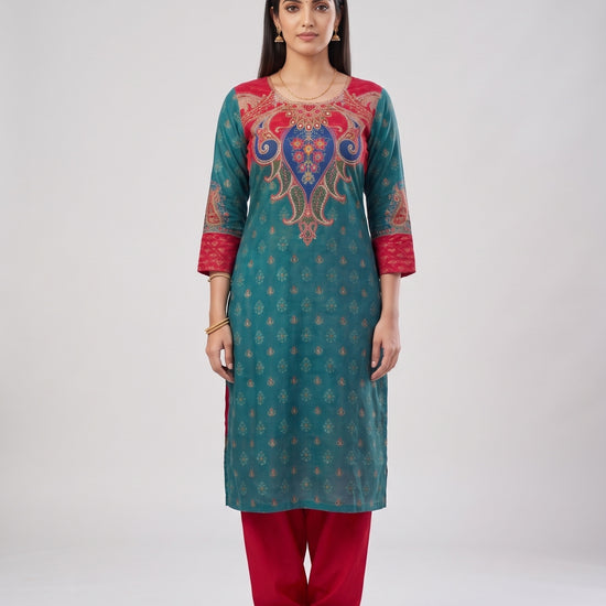 Peacock Paisley Rama Crepe Readymade Suit And Salwar With Red Dupatta - mood