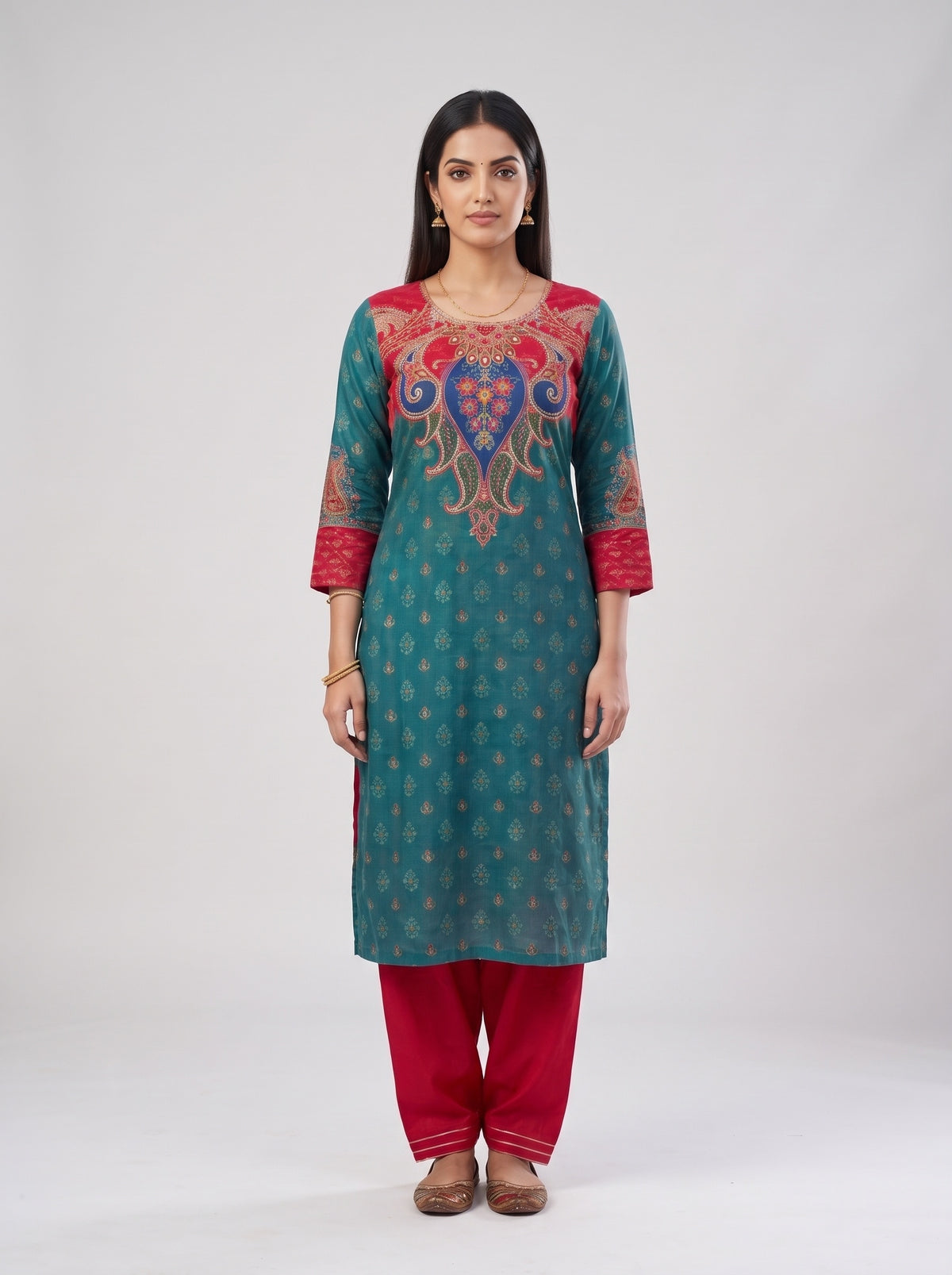 Peacock Paisley Rama Crepe Readymade Suit And Salwar With Red Dupatta - mood