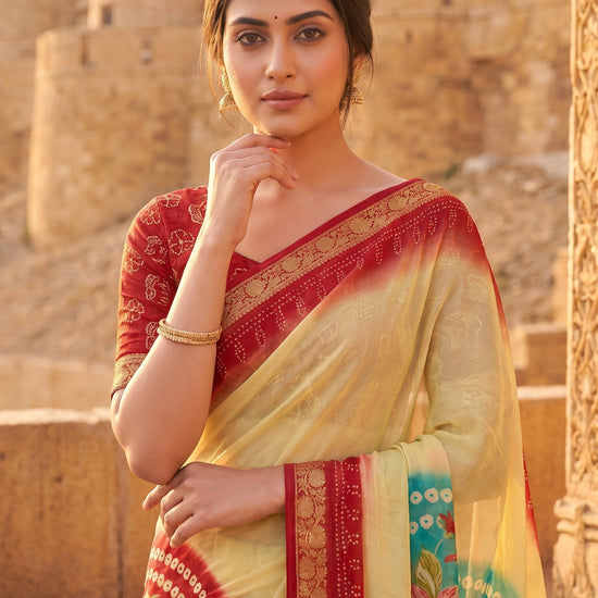 Off White Red Chinon Bandhini Printed Saree - Close Up