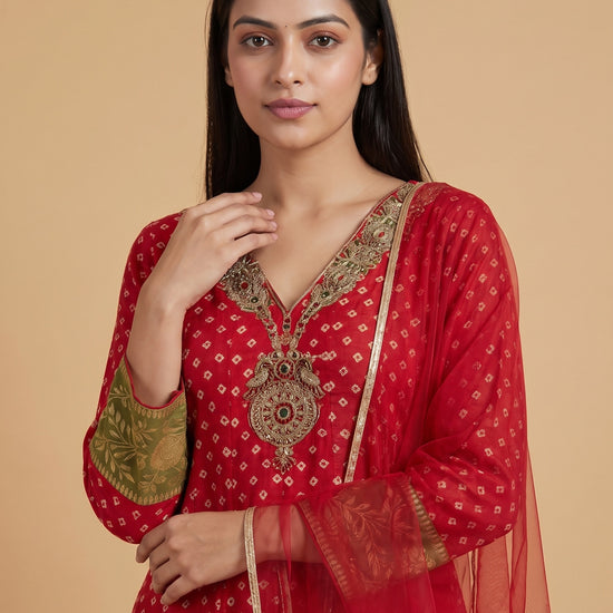 Mehfil Maroon Mehndi Chinon Readymade Peplum Suit And Salwar With Net Dupatta - closeup