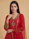 Mehfil Maroon Mehndi Chinon Readymade Peplum Suit And Salwar With Net Dupatta - closeup