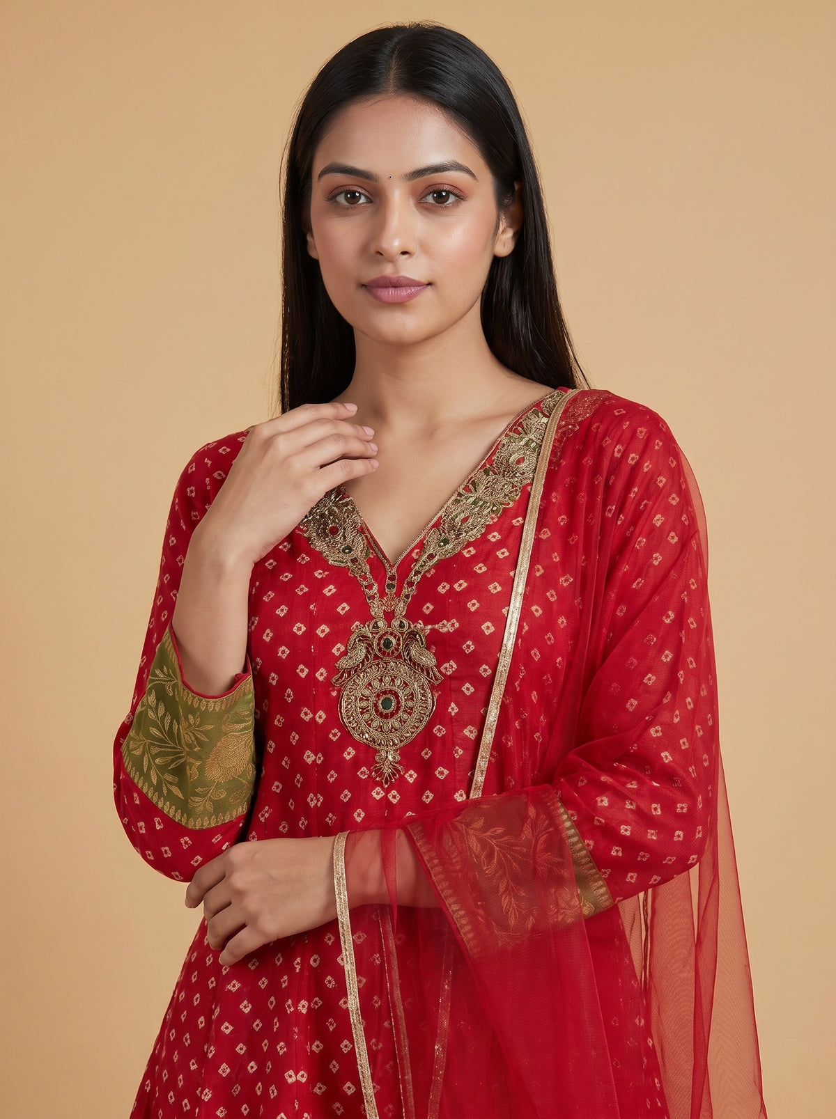 Mehfil Maroon Mehndi Chinon Readymade Peplum Suit And Salwar With Net Dupatta - closeup