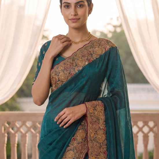 Peacock Organza Saree - Close Up