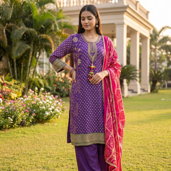 Royal Plum Purple Georgette Readymade Suit And Pant With Rani Pink Dupatta - mood