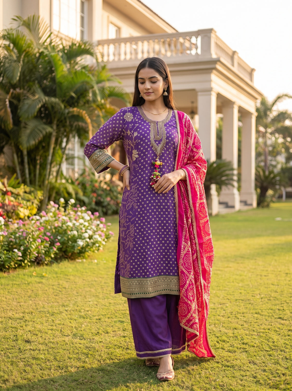 Royal Plum Purple Georgette Readymade Suit And Pant With Rani Pink Dupatta - mood