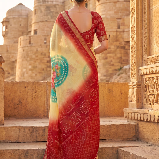 Off White Red Chinon Bandhini Printed Saree - Back