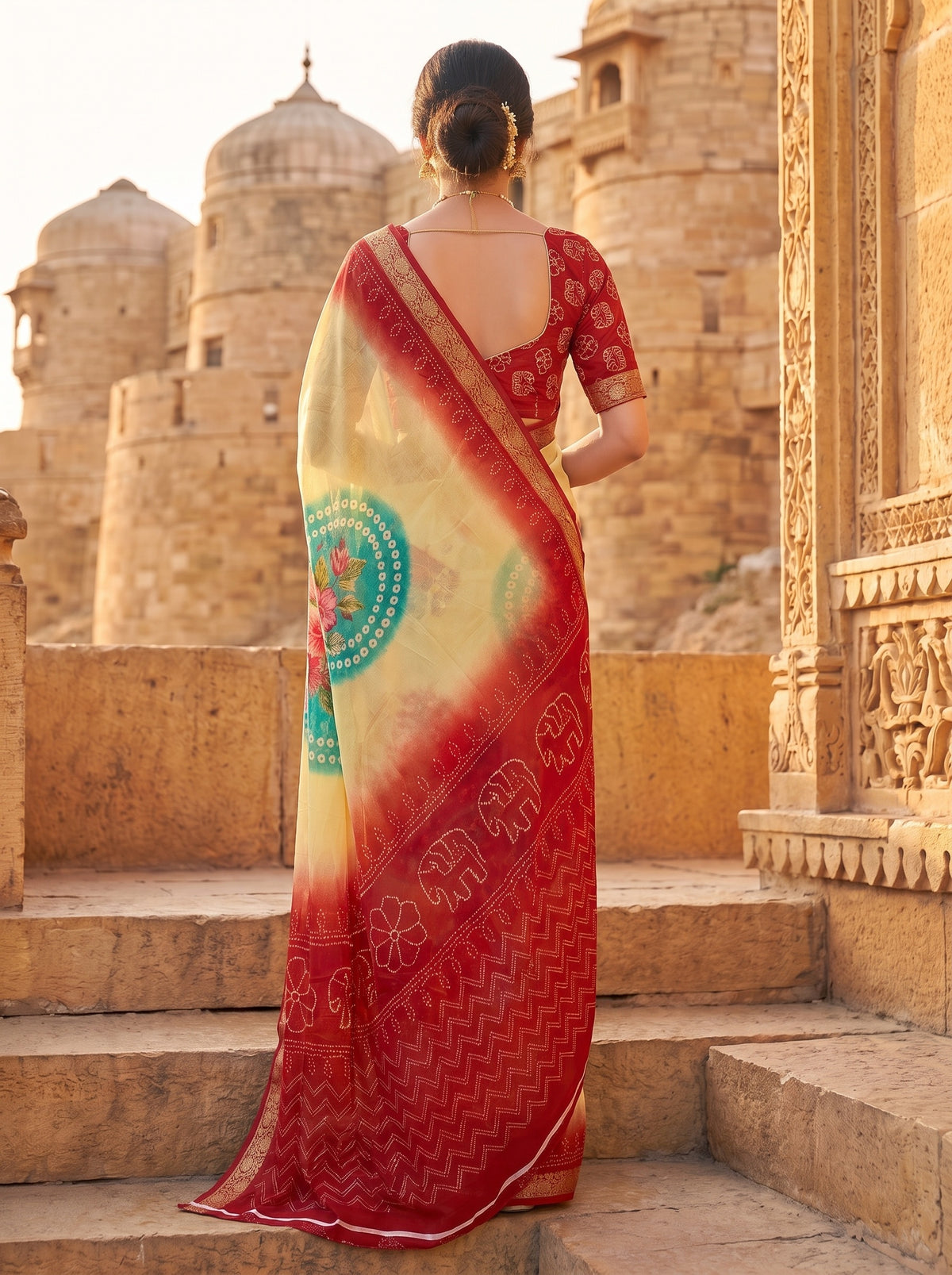 Off White Red Chinon Bandhini Printed Saree - Back