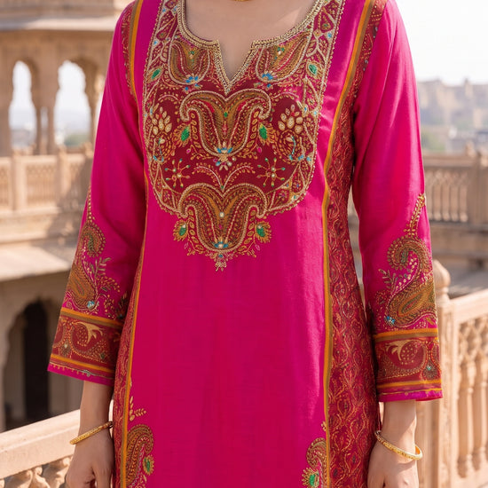 Rani Darbar Crepe Readymade Suit And Pant With Printed Dupatta - closeup