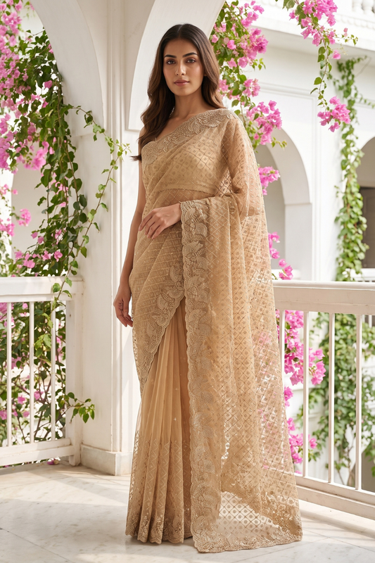 Mustard Net Saree - Hero