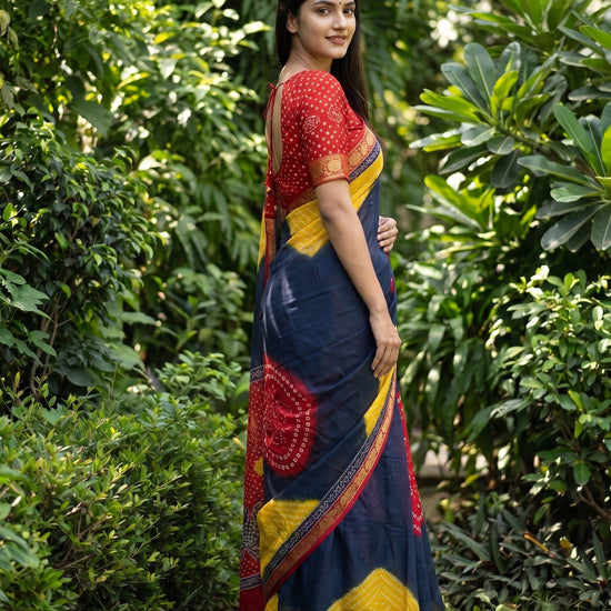 Navy Maroon Chinon Bandhini Printed Saree - Side