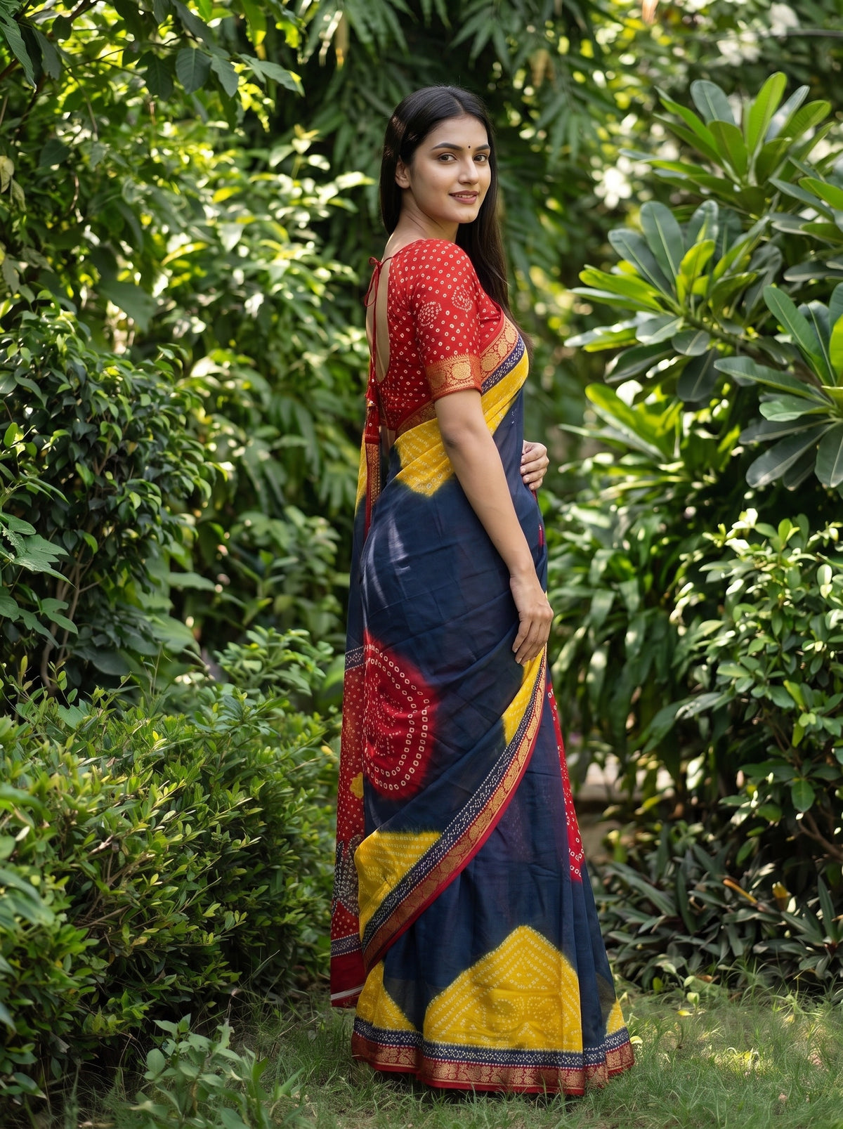 Navy Maroon Chinon Bandhini Printed Saree - Side