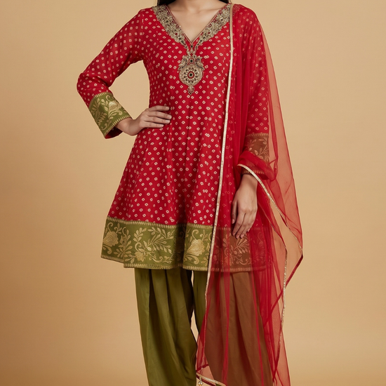 Mehfil Maroon Mehndi Chinon Readymade Peplum Suit And Salwar With Net Dupatta - hero