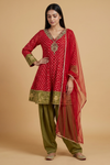 Mehfil Maroon Mehndi Chinon Readymade Peplum Suit And Salwar With Net Dupatta - hero