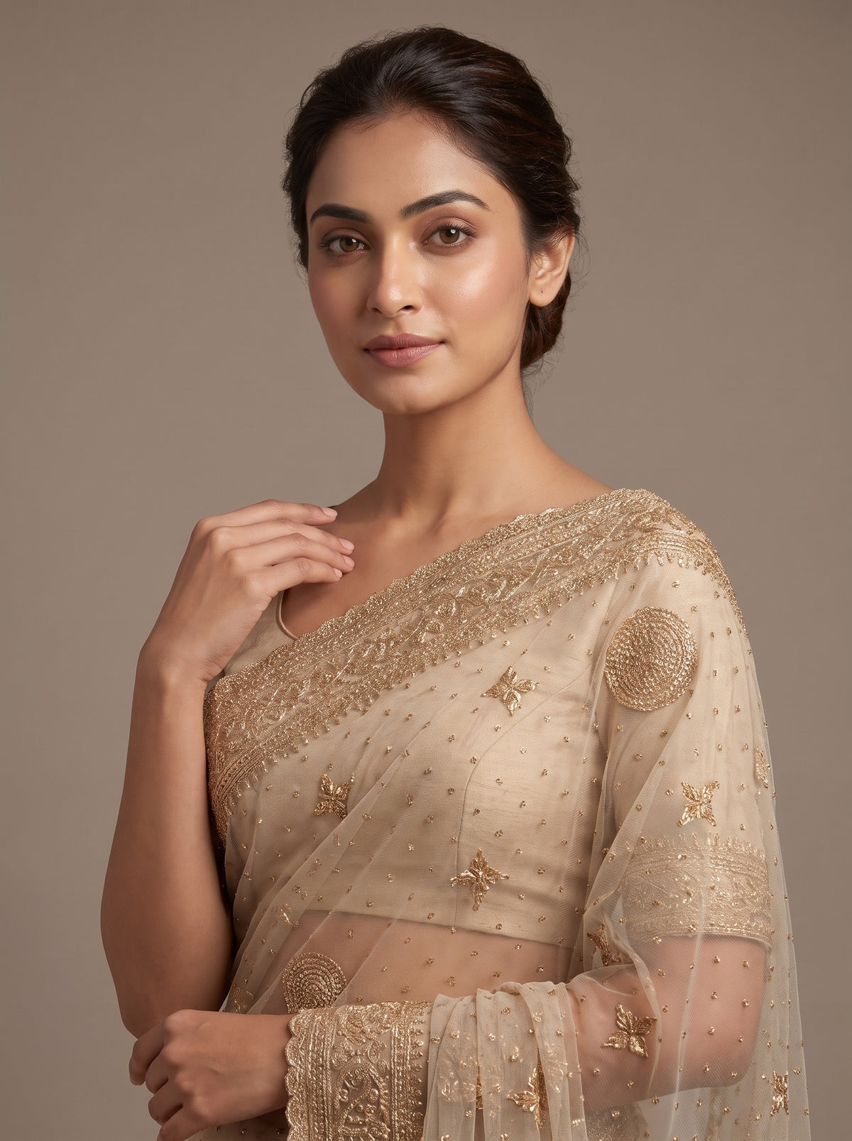 White Net Saree - Close Up