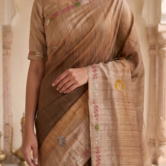 Mustard Cotton Thread Work Saree - Detail
