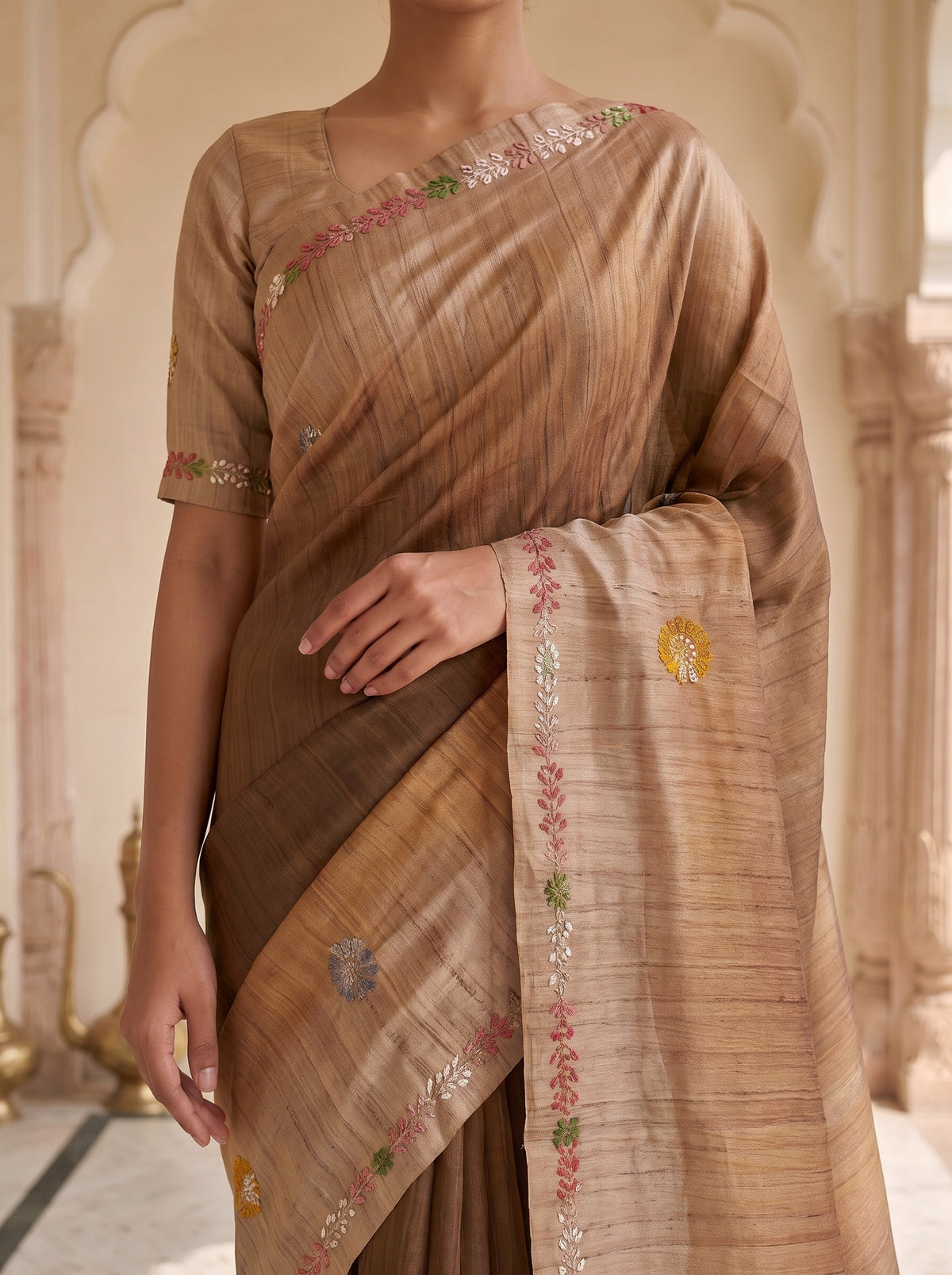 Mustard Cotton Thread Work Saree - Detail