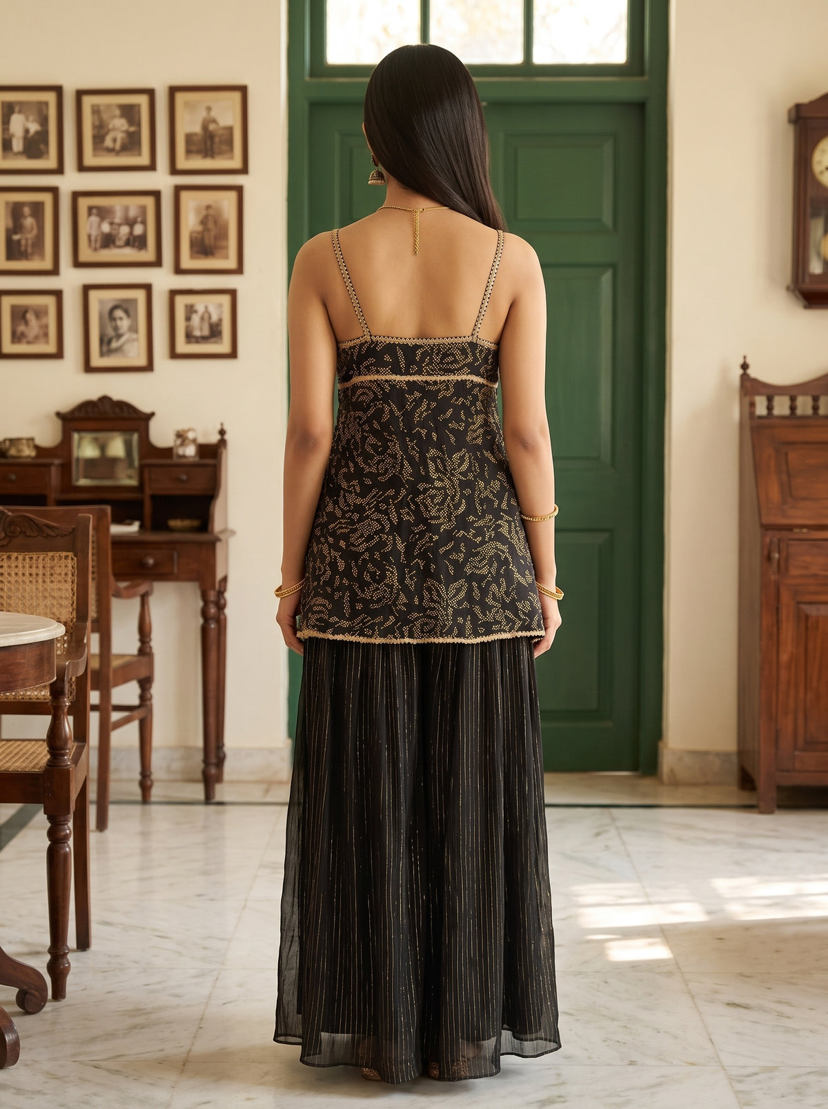 Midnight Gilded Black Georgette Readymade Strappy Suit - back