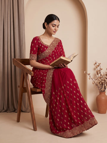 Red Soft Twill Saree - Mood