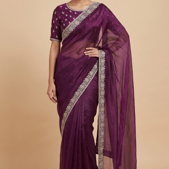 Wine Organza Saree - Hero