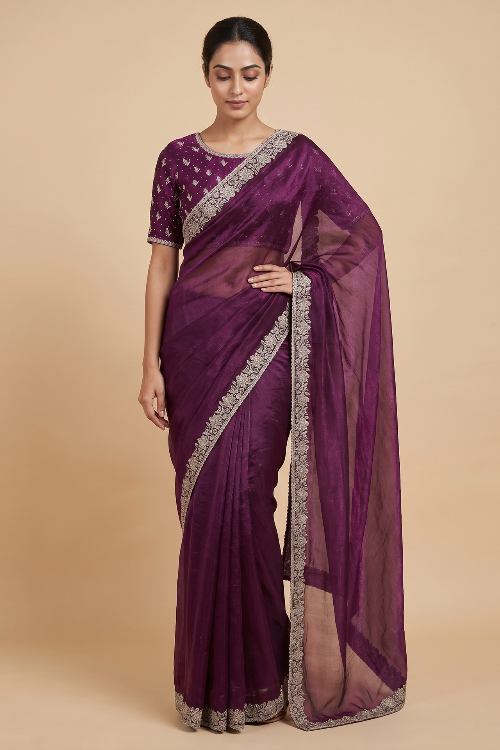 Wine Organza Saree - Hero