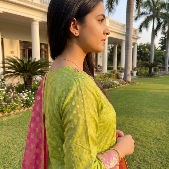 Citrus Bloom Pista Coral Chinon Readymade Suit And Salwar With Chinon Dupatta - back