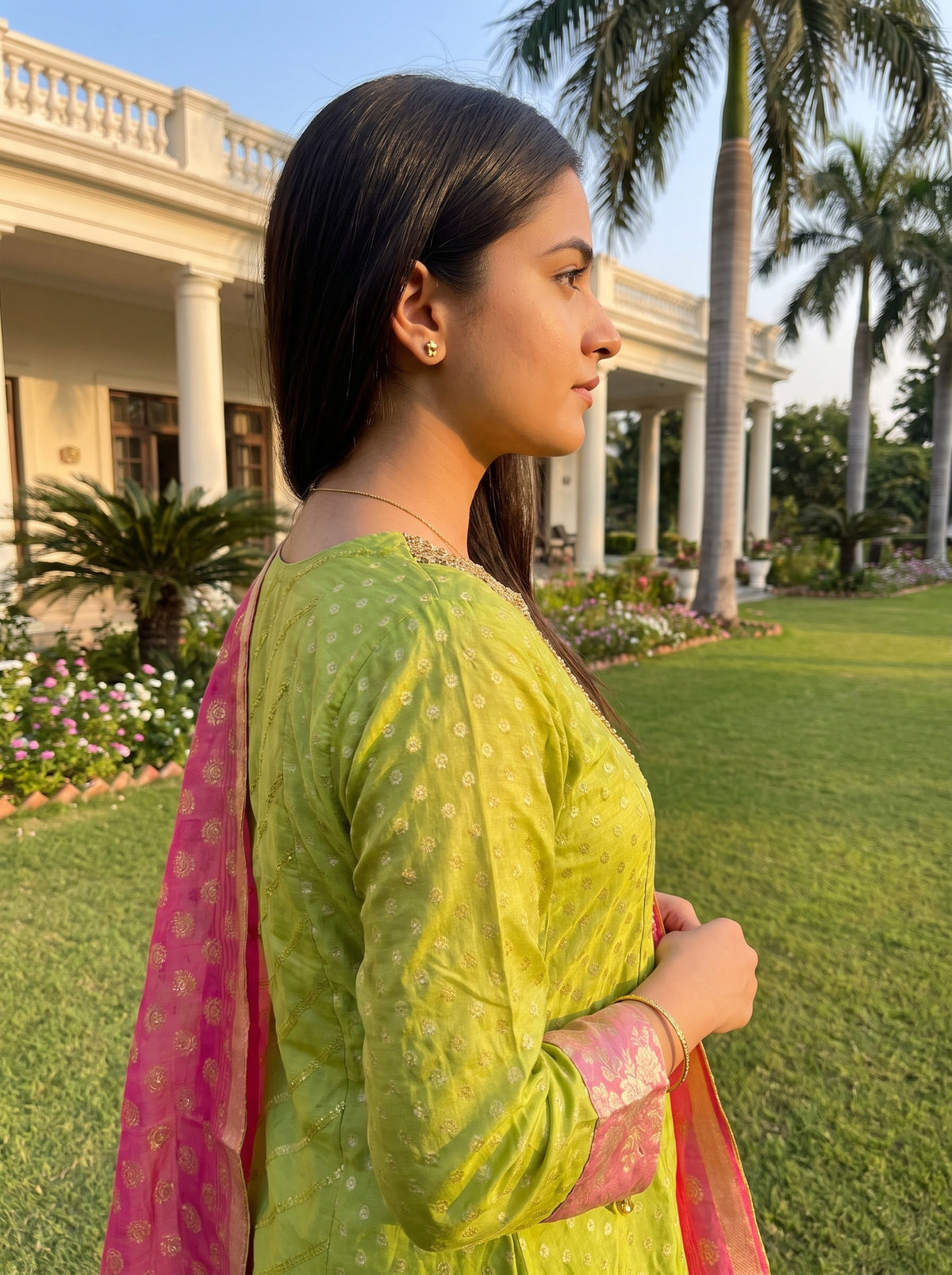 Citrus Bloom Pista Coral Chinon Readymade Suit And Salwar With Chinon Dupatta - back