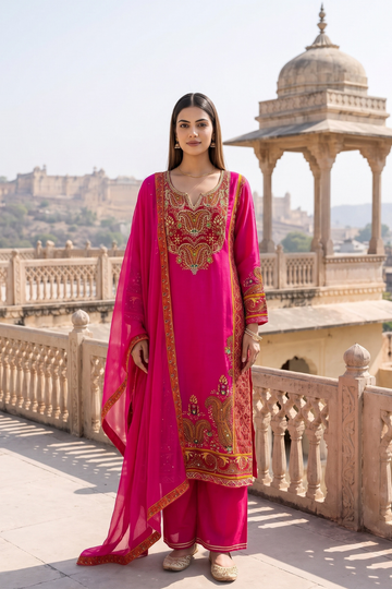 Rani Darbar Crepe Readymade Suit And Pant With Printed Dupatta - hero