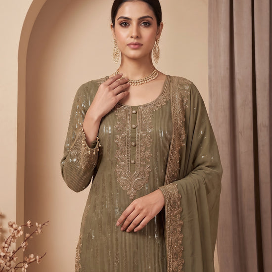 Gilded Sage Metallic Grey Georgette Readymade Kurta And Pant Set With Dupatta - closeup