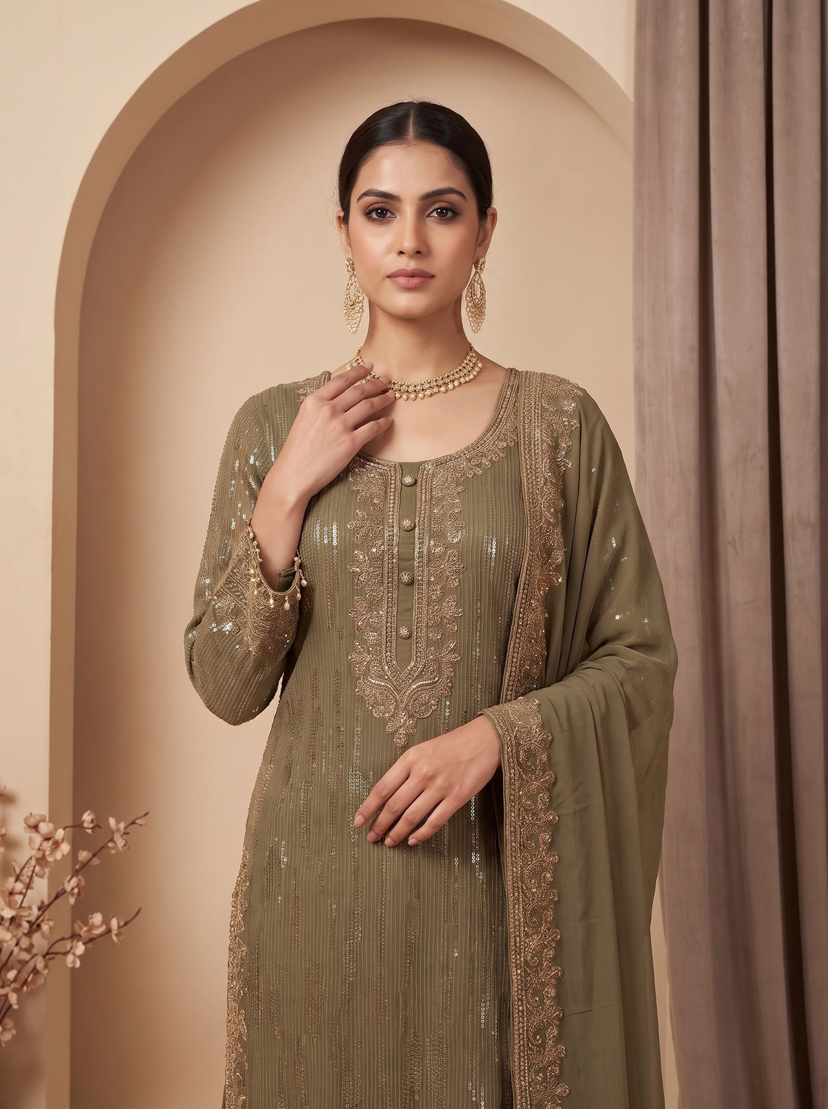 Gilded Sage Metallic Grey Georgette Readymade Kurta And Pant Set With Dupatta - closeup