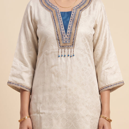Peacock Muse Tussar Shimmer Readymade Kurta And Pant With Tissue Dupatta - closeup