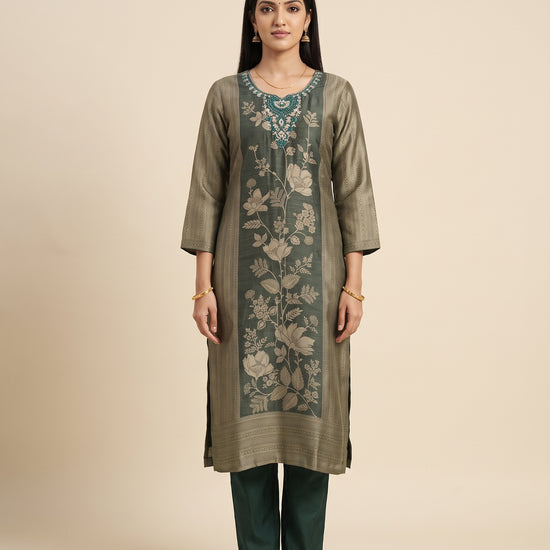 Emerald Sheen Bottle Green Shimmer Readymade Suit And Pant With Silk Dupatta - mood