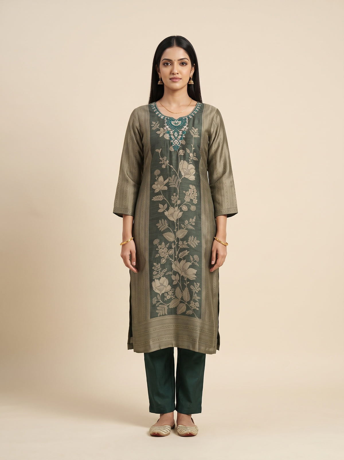 Emerald Sheen Bottle Green Shimmer Readymade Suit And Pant With Silk Dupatta - mood