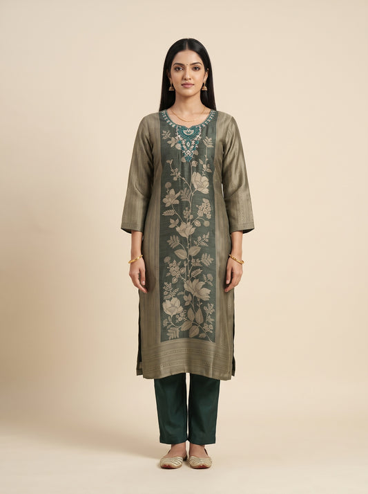 Emerald Sheen Bottle Green Shimmer Readymade Suit And Pant With Silk Dupatta - mood