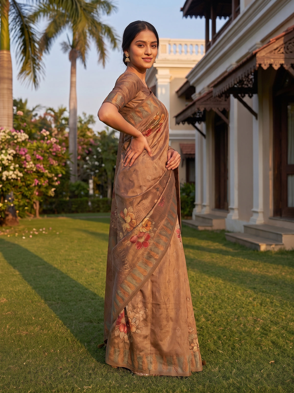 Tussar Organza Floral Printed Saree - Side