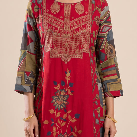 Heritage Patchwork Red Cotton Readymade Suit And Pant With Printed Dupatta - closeup