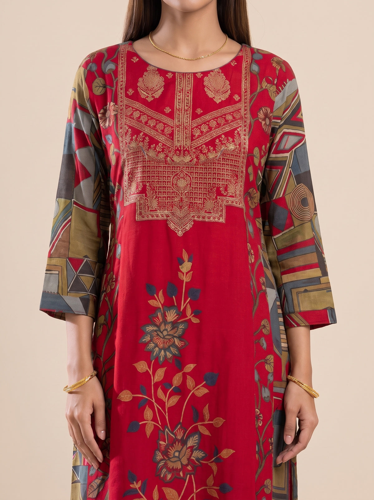 Heritage Patchwork Red Cotton Readymade Suit And Pant With Printed Dupatta - closeup