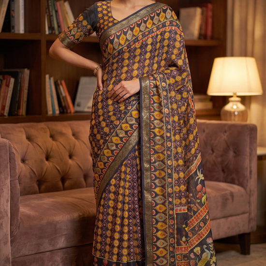 Navy Blue Georgette Printed Saree - Hero