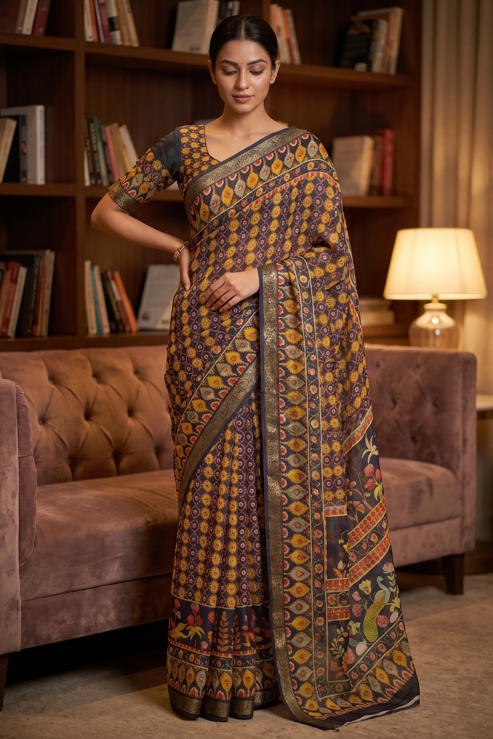 Navy Blue Georgette Printed Saree - Hero