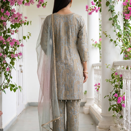 Misty Morning Sky Blue Georgette Readymade Suit And Pant With Georgette Dupatta - back