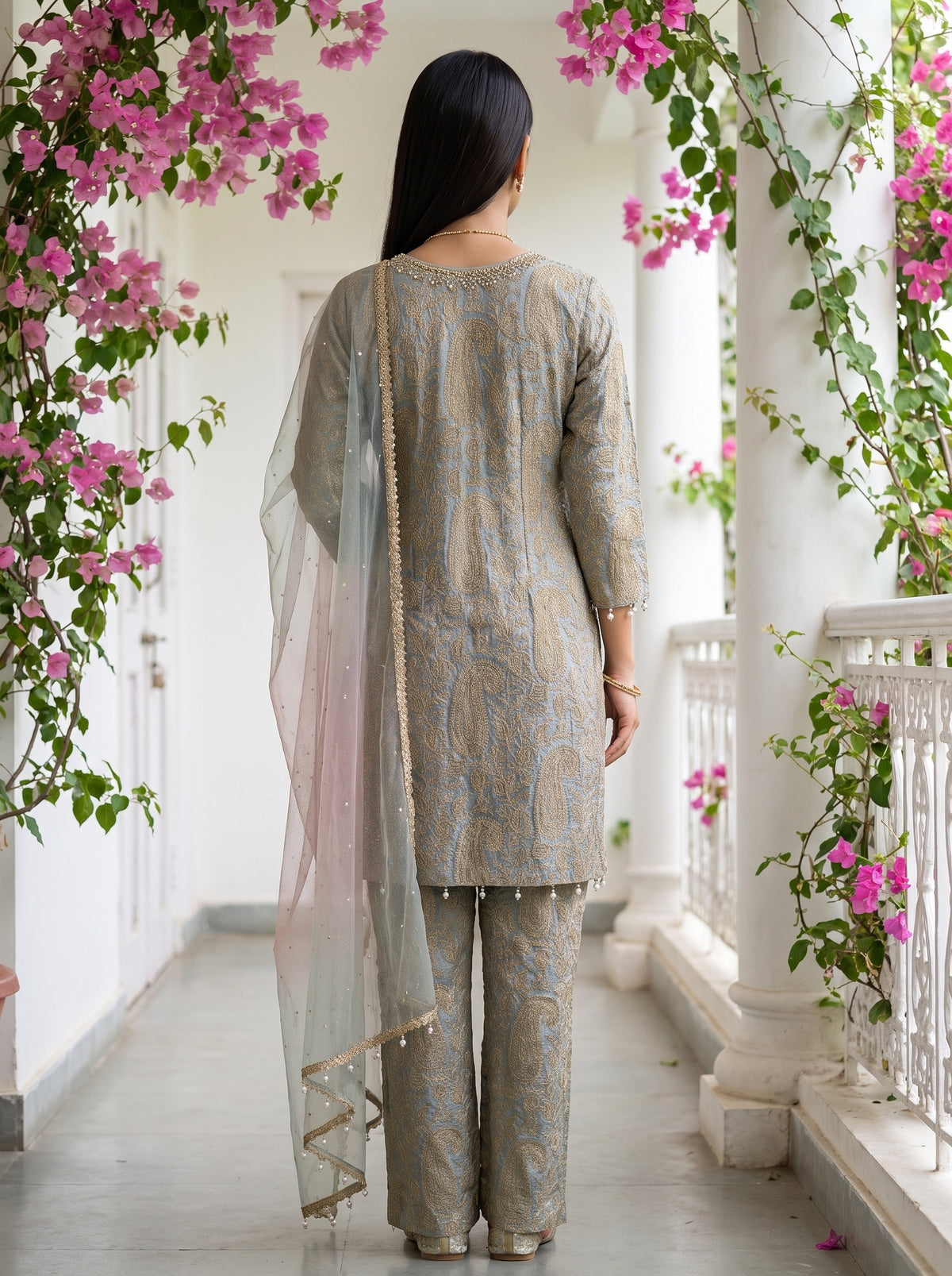 Misty Morning Sky Blue Georgette Readymade Suit And Pant With Georgette Dupatta - back