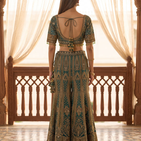 Mint Mirage Green Crepe Readymade Crop Top And Sharara Set With Dupatta - back